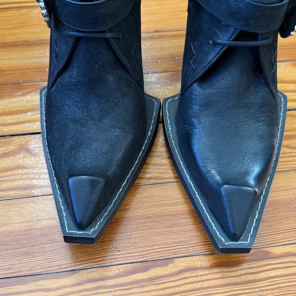 John Fluevog Black Heeled Boots with Ornate Silver Buckle - Picture 3 of 8